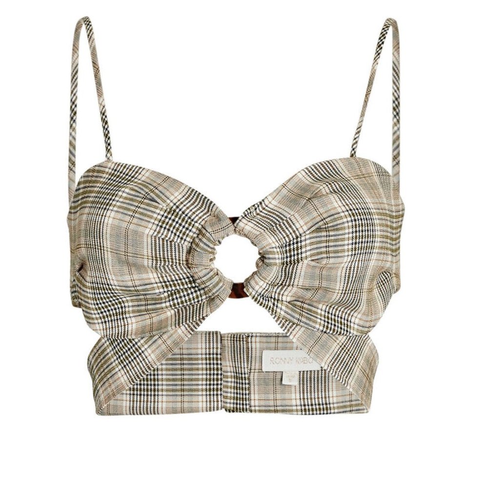 Ronny Kobo Collection Plaid Cutout Crop Top in Beige and Black